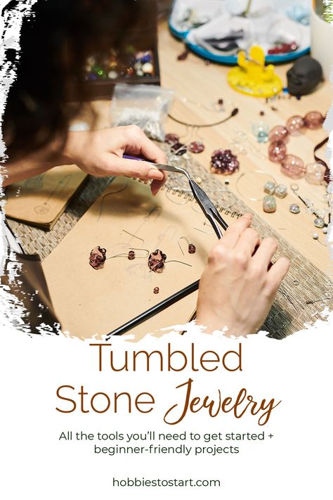 How to Make Tumbled Stone Jewelry + 4 Easy Projects How To Make Jewelry From Rocks, Polished Rock Jewelry Diy, Polished Stone Jewelry Diy, Polished Stones Projects, Rock Jewelry Diy Stones, Making Rock Jewelry, How To Make Jewelry With Stones, What To Do With Tumbled Rocks, Tumbled Rock Crafts