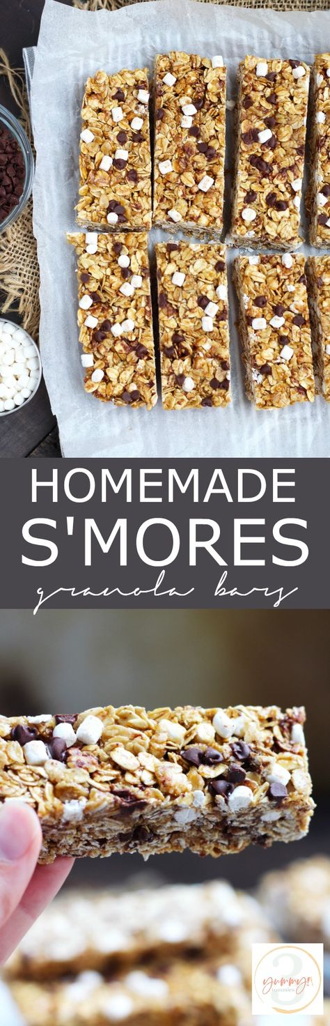 These Homemade S'mores Granola Bars are a great snack idea for the kids. They are easily made and require no baking with marshmallows, chocolate chips and crushed graham crackers. #granolabars #smores #breakfast #backtoschool #smoresgranolabars #3yummytummies Granola Bars With Marshmallow, S’mores Granola, S’mores Granola Bars, Smores Breakfast, Smores Granola Bars, Smores Granola, Smores Desserts, Homemade Smores, Triple Chocolate Mousse