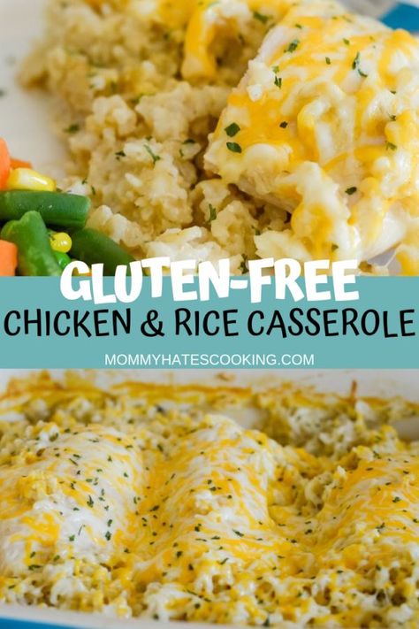 Make this delicious comfort meal with Cheesy Chicken and Rice Casserole that is gluten-free. It's the perfect gluten-free recipe. Gluten Free Chicken Casserole, Cheesy Chicken And Rice Casserole, Cheesy Chicken And Rice, Gluten Free Casserole, Gluten Free Chicken Recipes, Chicken And Rice Casserole, Dessert Sans Gluten, Gluten Free Recipes For Dinner, Gluten Free Rice