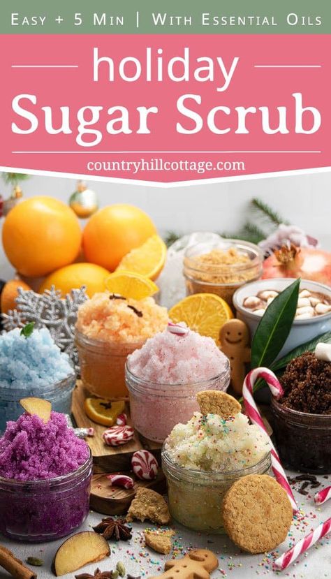 See how to make easy Christmas sugar scrubs with essential oils and coconut oil. Simple homemade holiday body scrubs are great DIY gifts and perfect mason car craft ideas. Included are natural exfoliating scrubs for cinnamon gingerbread brown sugar, hot chocolate, candy cane peppermint, orange spice, pomegranate, frosted plum and vanilla cookie. With tips for storage, how to use, benefits, packaging ideas and free printable labels. #sugarscrub #Christmasgift #bodyscrub | countryhillcottage.com Christmas Body Scrubs, Christmas Sugar Scrub, Christmas Sugar Scrubs, Body Scrub Homemade Recipes, Diy Sugar Scrub Recipe, Diy Body Scrub Recipes, Body Scrub Recipe, Sugar Scrub Homemade, Scrub Corpo