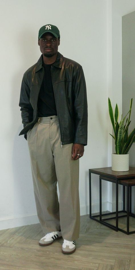 Adidas Samba styling and general styling  inspiration. Adidas Work Outfit, Men's Leather Jacket Outfit, Zara Men Outfits 2023, Zara Jacket 2023, Zara Man Aesthetic, Men’s Zara Outfits, Wide Trousers Outfit Men, Men’s Wide Leg Trousers Outfit, Thrifted Mens Fashion