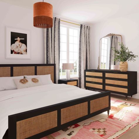 Chrisney Black Wood and Natural Cane Dresser - World Market Cane Bedroom, Black Queen Bed, High Quality Bedroom Furniture, Cane Bed, Rattan Bed, Tov Furniture, Bedroom Panel, Black Bedding, Bedroom Collection