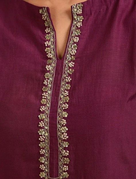 Neckline designing ideas Suit Embroidery Designs, Silk Kurti Designs, Churidar Neck Designs, Hand Beaded Embroidery, Hand Embroidery Dress, Simple Kurta Designs, Embroidery On Kurtis, Neck Designs For Suits, Kurti Embroidery Design