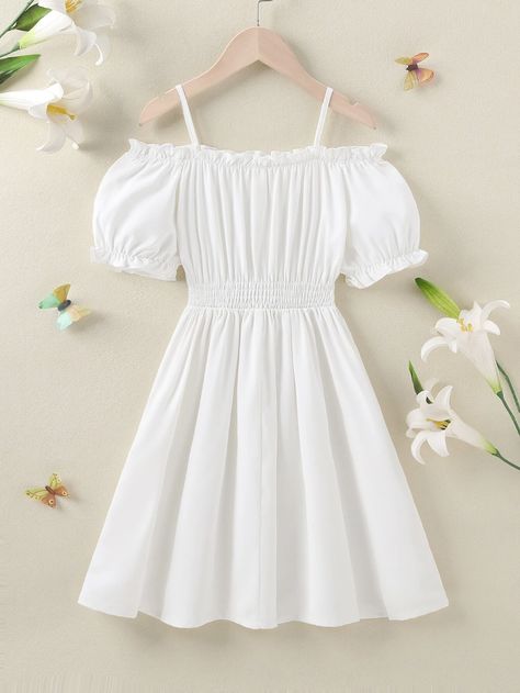 Girls Frill Trim Cold Shoulder Shirred Waist Dress | SHEIN USA Vestido Casual Juveniles, Summer Dresses For Kids, White Dress For Kids, White Kids Dress, White Frocks, Dress For Teenage Girl, Teenager Dress, Dresses For Teenagers, Summer Dresses For Girls