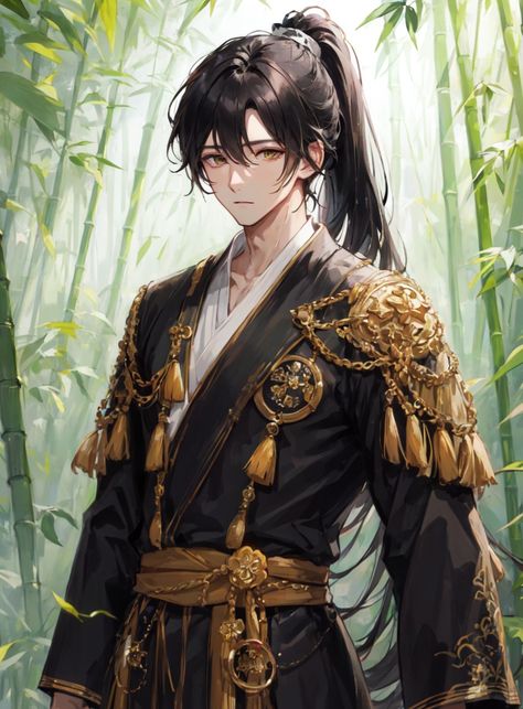 Boy, dark long hair, ponytail, bamboo forest Dark Long Hair, Anime Ponytail, Aoi Art, Man Ponytail, Anime Boy Long Hair, Anime Hairstyles Male, Boy Dark, Long Hair Ponytail, Boys Long Hairstyles