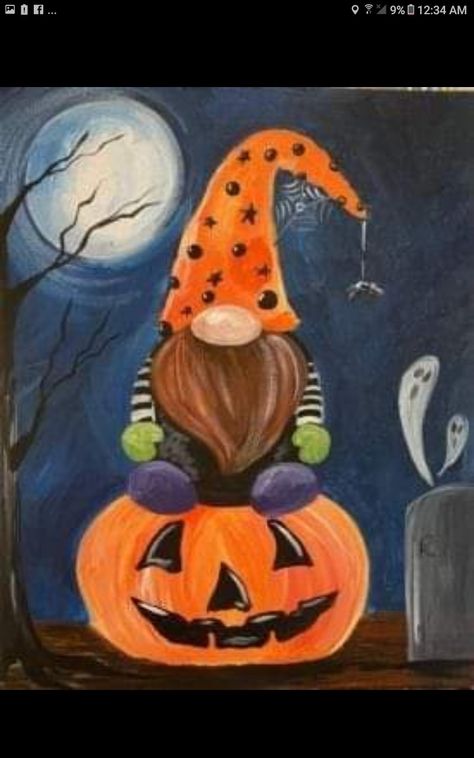 Halloween Gnome Painting Canvas, Christmas Nomes, Gnomes Painting, Easy Halloween Paintings, Painted Gnomes, Seasonal Gnomes, Halloween Canvas Paintings, Gnome Paint, Fall Canvas Painting