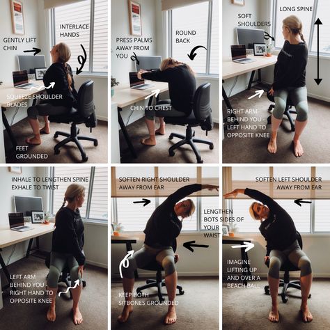 Office Desk Stretches, Desk Stretches At Work, Yoga For Desk Workers, Exercise For Office Workers Desks, Yoga For Office Workers, Stretches For Office Workers, Desk Job Stretches, Stretches For Desk Workers, Desk Stretches The Office