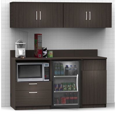 Dimensions (note: the group you select may use one or more of these items). The fridge buffet (110lbs) measures 36” w x 26” h x 24” d and has a bar mini-fridge opening measuring 20” w x 33.5” h x 20” d / appliance hutch (70lbs) measures 39” h x 36” w x 17” d and has a microwave opening measuring 35” w x 17” h x 15” d) / 2door+2drawer buffet (140lbs) measures 36” w x 36” h x 24” d / trash buffet (70lbs) measures 18” w x 36” h x 24” d and includes an internal trash container, you add the plastic b Mini Fridge And Microwave Cabinet, Kitchenette Ideas Mini Kitchen, Salon Breakroom, Office Kitchenette Ideas, Small Break Room Ideas, Kitchenette With Fridge, Office Kitchen Ideas, Office Kitchen Break Room, Employee Break Room Ideas