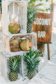 A Tropical Destination Wedding at Ak'iin Beach Club in Tulum Wedding Tiki Bar, Coconut Bar, Tropical Bar, Flower Event, Havana Nights Party, Tropical Destination Wedding, Ideas For Weddings, Coconut Drink, Tropical Beach Wedding