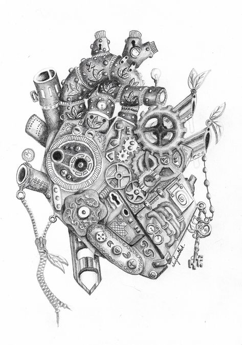 Steampunk Heart Drawing, Steampunk Heart Art, Open Heart Drawing, Steampunk Heart Tattoo, Steam Punk Tattoo Designs, Mechanical Heart Drawing, Steampunk Drawing Ideas, Mechanical Art Drawing, Steam Punk Art Drawings