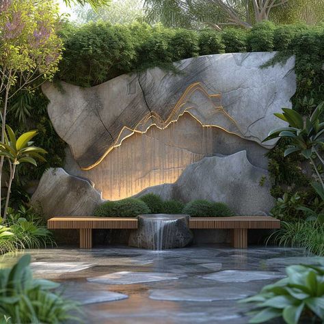 Discover the Timeless Beauty of Stone Art Wall Design • 333+ Images • [ArtFacade] Garden Wall Art Ideas, Waterfall Feature Wall, Feature Walls Ideas, Outdoor Wall Art Ideas, Green Wall Garden, Art Wall Design, Garden Wall Ideas, Minimalist Entryway, Green Wall Design