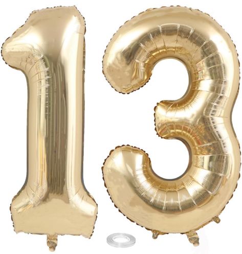 PRICES MAY VARY. Package Included: 40 inch light gold numbers 1 and 3,1 roll of balloon string, 1 Straw, light gold 13 number foil digital balloons for 13th birthday party, 13th anniversary party decorations. Number Balloons Material: Light gold digital balloon made of high quality polyester film aluminum foil,not easy to explode and leak, bright beautiful color and suitable for parties. Number 13 Balloon: This 40 inch Light Gold 13 Number Balloons is a great choice for boy's or girl's 13th birt Gold 13 Balloons, 13 Birthday Balloons, 31st Birthday Party, 13 Balloons, 13 Number, Balloon Numbers, 13 Birthday, 13th Anniversary, Anniversary Party Decorations