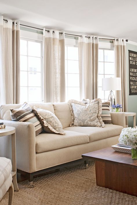 Large Windows Living Room, 3 Window Curtains, Living Room Window Decor, Large Window Treatments, Tan Couch, Condo Decor, Window Curtains Living Room, Window Treatments Living Room, Curtains Living