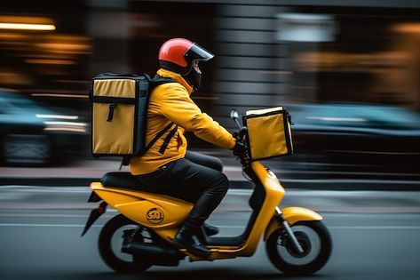 Photo a food delivery man in a helmet an... | Premium Photo #Freepik #photo #mobile-delivery #delivery-app #online-delivery #restaurant-delivery Delivery Man Photography, Delivery Aesthetic, Delivery Service Design, Bike Delivery, Delivery Bike, Fast Food Delivery, Photo Mobile, Delivery Guy, Job Poster