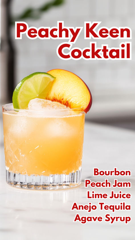 Peachy Keen Cocktail Winter Holiday Recipes, Anejo Tequila, Cocktail Syrups, Sweet Cocktails, Peach Jam, Best Cocktail Recipes, Frozen Cocktails, Bourbon Cocktails, Peachy Keen