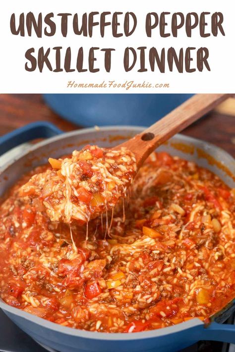 Unstuffed Pepper Skillet Dinner Low Carb Hamburger Recipes, Unstuffed Pepper Skillet, Stuffed Bell Peppers Ground Beef, Creamy Chicken Dinner, Easy Chili Recipe Crockpot, Pepper Skillet, Green Pepper Recipes, Quick Ground Beef Recipes, Unstuffed Peppers