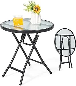 S AFSTAR Folding Side Table, 18" x 18" x 18.5" Round Patio Table with Tempered Glass Tabletop & Rustproof Steel Frame, Foldable End Table Coffee Table for Indoor Living Room Outside Porch Garden Small Patio Table, Living Room Outside, Side Table Square, Square Patio Table, Round Bistro Table, Folding Side Table, Folding Coffee Table, Fruit Coffee, Round Patio Table