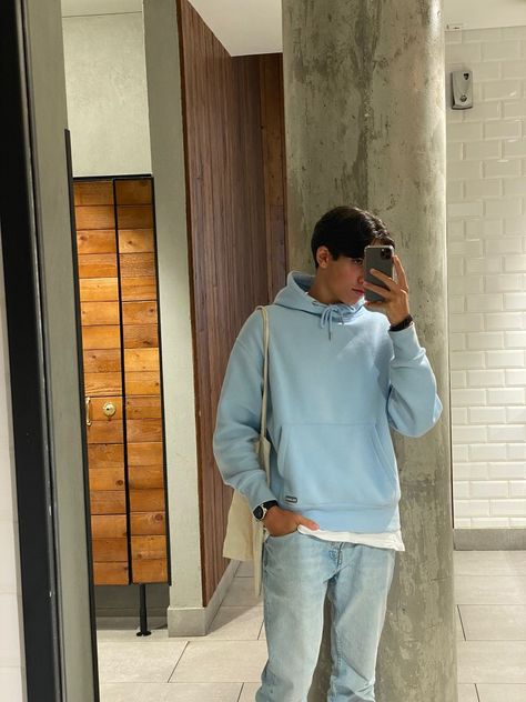 Light Blue Sweatshirt Outfit Men, Light Blue Hoodie Outfit Men, Light Blue Outfit Men, Sweats Outfit Men, Blue Sweatshirt Outfit, Blue Clothes Aesthetic, Blue Hoodie Outfit, Soft Masc, Sweatshirt Outfit Men