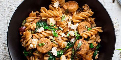 One-Pot Spinach, Chicken Sausage & Feta Pasta Recipe | EatingWell Senior Nutrition, Mediterranean Recipes Healthy, Mediterranean Diet Recipes Dinners, Sausage Spinach, Spinach Chicken, 500 Calorie, Mediterranean Pasta, Mediterranean Diet Meal Plan, Easy Mediterranean Diet Recipes