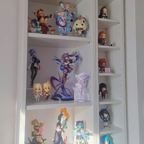 i got some new shelves last week but there still isn't enough room for all my figures... Figurine Shelf Display, Figure Shelf, Figurine Shelf, Figurine Display, Figure Display, Cube Shelves, Bedroom Idea, White Shelves, Bedroom Inspo