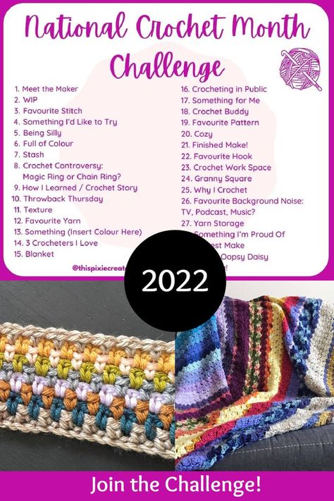 Join me in March 2022 for the National Crochet Month Challenge, where we share one picture and a caption related to the topic for the day, in the TPC - Crochet Community Facebook Group. Crocheters of all levels are welcome to participate! Learn more about the challenge by clicking the pin. Crochet Caption Ideas, Crochet Challenge, Month Challenge, T Shirt Sewing Pattern, 15 Day Challenge, Shirt Sewing, Yarn Storage, Yarn Stash, One Picture