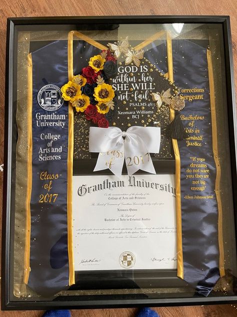 Graduation Cap Display Ideas, Class Of 2023 College Graduation, Grad Frame Ideas, Graduation Box Frame, Picture Frame For Graduation, Degree Shadow Box Ideas, Framed Graduation Cap, Framed Cap And Gown Graduation, Graduation Outfit Ideas Long Dress