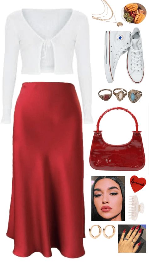 White Red Outfit Aesthetic, White And Red Christmas Outfit, Simple Red Outfits, Red Christmas Outfit Aesthetic, Red Ootd Aesthetic, Red And White Outfit Classy, Red And White Outfit Aesthetic, Red Long Skirt Outfit, Christmas Party Outfits Aesthetic