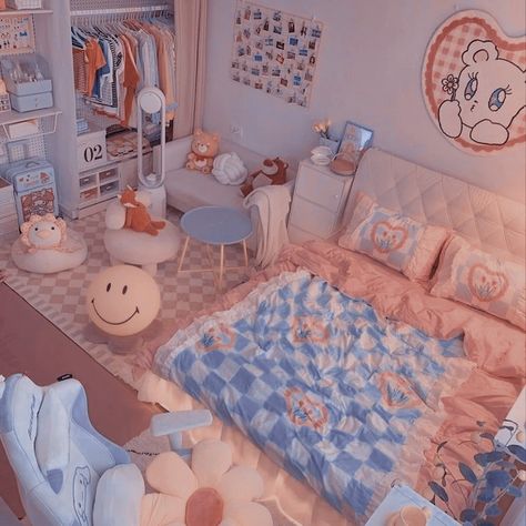 bedroom inspo inspiration aesthetic room design room decor bedroom aesthetics soft pastel korean japanese plush cute pretty interior design dream room dream bedroom dream life house home bed cozy blue theme icon Pastel Pink And Blue Room, Cute Room Ideas Aesthetic Light Blue, Blue And Pink Room Decor, Pink And Blue Aesthetic Room, Kawaii Blue Room, Blue Kawaii Room Decor, Kawaii Bedroom Aesthetic Blue, Pastel Aesthetic Bedroom, Pink Teen Bedrooms