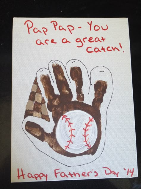 Baseball glove handprint for Father's Day. Handprint Fathers Day, Kids Fathers Day Crafts, Baseball Kids, June Crafts, Diy Father's Day Crafts, Grandparents Day Crafts, Dad Crafts, Fathers Day Art, Baseball Crafts