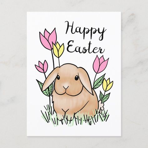 Happy Easter Bunny Cute Spring Flowers Postcard Size: ' ' Postcard. Color: grass. Gender: unisex. Age Group: adult. Material: Semi-Gloss. Cute Bunny Illustration, Kids Easter Cards, Easter Bunny Cards, Bunny Illustration, Easter Drawings, Easter Cards Handmade, Hand Drawn Cards, Flowers Card, Happy Easter Card