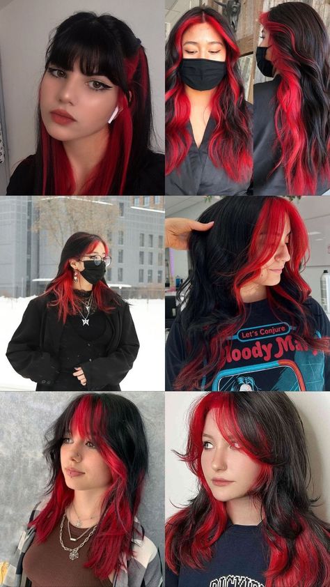 Red Undercolor Hair, Layered Hair With Color, Dyed Fringe Only, Red And Brown Ombre Hair, Inner Colour Hair, Red Riding Hood Hairstyles, Money Piece With Red Hair, Short Black Hair With Red Highlights, Black Hair Red Ends