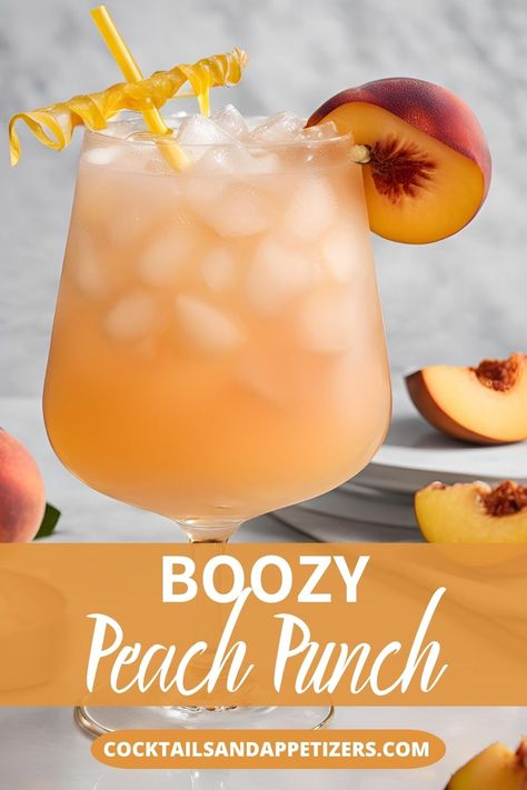 This boozy Peach Punch is made with peach whiskey, champagne, peach juice and Sprite. Perfect large batch cocktail for a crowd. Serve in a punch bowl or in cocktail glasses. Great alcoholic punch recipe for Christmas parties and winter holiday parties or as a summer party punch recipe. Vodka Large Batch Cocktails, Large Batch Alcoholic Drinks, Peach Punch Alcoholic, Big Batch Summer Cocktails, Batch Cocktails Summer, Peach Juice Cocktail, Crown Peach Drink Recipes, Party Punch Recipes Alcoholic, Large Batch Party Cocktails