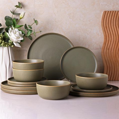 PRICES MAY VARY. STACKABLE DESIGN: The dinnerware set creates a gorgeous individual shape and minimalist reactive texture setting. The plates are great as they make beautiful colors and vertical edges, sturdy and stackable. cozy and rustic. It's easier to handle and Any large-size food can be easily put in and easily spoon out everything with this shape. The shape is designed to stack and nestle nicely in your cupboard or shelves, let your food look even more delicious, and make you happy every Green Stoneware Dinnerware, Mid Century Modern Plates, Art Deco Plates, Fall Plates, Green Charger Plates, Kitchen Plates Set, Farmhouse Dinnerware Sets, Dishes Sets, Project School