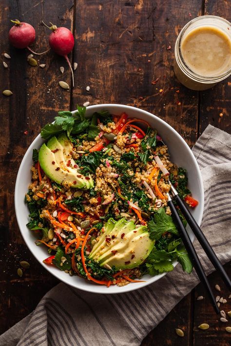 Kale And Quinoa Salad, Vegan Quinoa Recipes, Kale And Quinoa, Perfect Quinoa, Winter Salads, Vegan Quinoa Salad, Kale Quinoa, Kale Quinoa Salad, Lemon Tahini Dressing