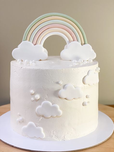 Cake Gender Reveal Simple, Gender Neutral Gender Reveal Cake, Rainbow Cake Neutral, Gender Reveal Cake Rainbow, Gender Reveal Cloud Cake, Neutral Rainbow Gender Reveal, Rainbow Theme Gender Reveal, Baby Shower Cake Ideas Gender Neutral, Pastel Gender Reveal Decorations