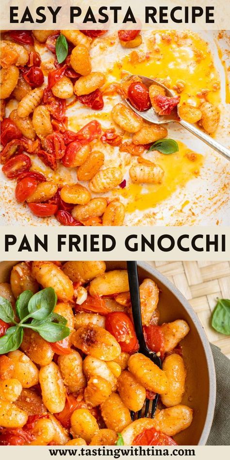 This simple and incredibly delicious Easy Pan Fried Gnocchi recipe combines pillowy soft gnocchi with sweet cherry tomatoes, savory garlic, salty parmesan cheese, and fresh basil. Savory Cherry Recipes, Fried Gnocchi, Pan Fried Gnocchi, Gnocchi Recipes Easy, Gnocchi Dishes, Cheddar Cheese Recipes, Cherry Tomato Recipes, Gnocchi Recipe, Homemade Gnocchi