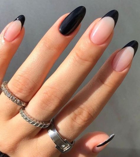 black oval nails with french tips Colored Nail Tips French, Coloured French Manicure, Black French Tip Nails, Color French Manicure, Black French Manicure, Colored Nail Tips, Black French Tip, Black French Tips, Love Dark