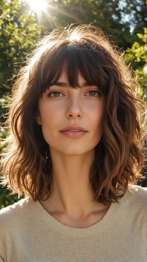 Mid Length Hair With Bangs, Wavy Mid Length Hair, Wavy Or Curly Hair, Bangs Styles, Swoop Bangs, Bangs And Layers, Long Face Shapes, Bangs For Round Face, Mid Length Hair With Layers