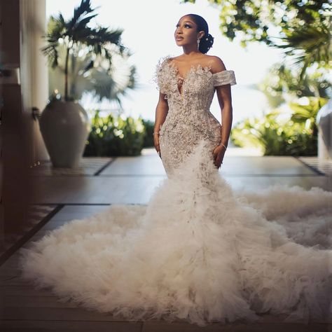 Mermaid African Wedding Dress High Neck Illusion Beads Pearls Long Sleeves Tiered Ruffles Bridal Latest Wedding Gowns, Extravagant Wedding Dresses, African Bridal Dress, Glam Wedding Dress, Tulle Train, Custom Wedding Dresses, Beaded Mermaid, American Dress, High Neck Wedding Dress