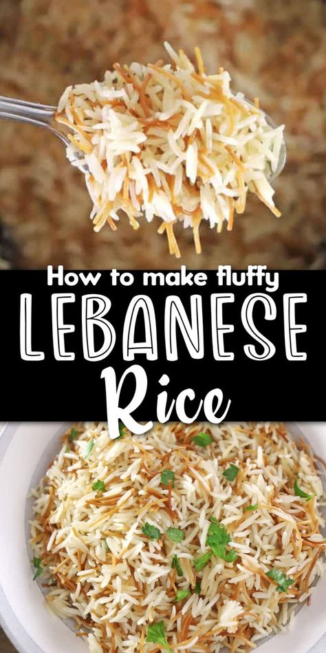 Bowl of fluffy rice with Pinterest overlay. Middle Eastern Healthy Recipes, How To Make Mediterranean Rice, Labenese Rice, Middle East Rice Recipes, Middle East Rice, Lebanese Yellow Rice, Basamitti Rice, Lebanese Rice Pilaf, Arab Rice Recipe