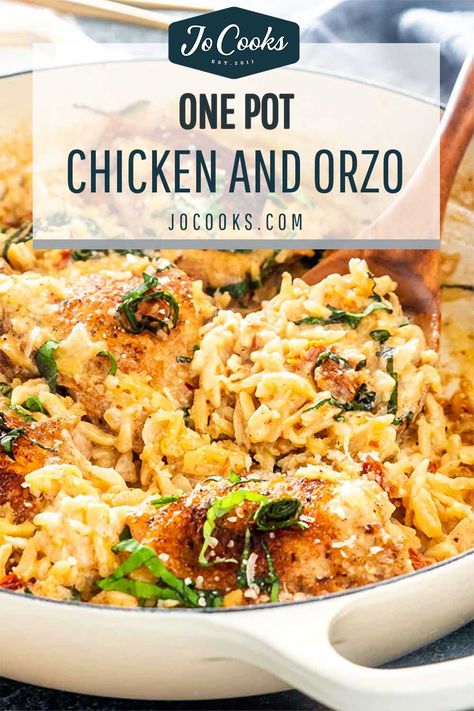 Cook Orzo In Chicken Broth, Sun Dried Tomato Chicken Orzo, Chicken Thighs Pasta Recipes, Chicken Thighs And Orzo Recipes, One Pot Chicken And Orzo, Dutch Oven Chicken Thighs, Jo Cooks Recipes, Seasoned Chicken Thighs, Chicken And Orzo