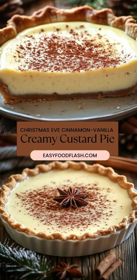 This Cinnamon-Vanilla Creamy Custard Pie is the perfect holiday dessert to impress your guests! With a rich and velvety custard filling infused with cinnamon and vanilla, nestled in a buttery, flaky crust, it’s a sweet and comforting treat for the holiday season. Topped with whipped cream and a light dusting of cinnamon, it’s sure to be a favorite at your Christmas Eve gathering. Vanilla Custard Pie Recipe, Creamy Custard Pie, Vanilla Custard Pie, Vanilla Pie, Custard Pie Recipe, Best Holiday Cookies, Christmas Pie, Cream Custard, Pie Filling Recipes