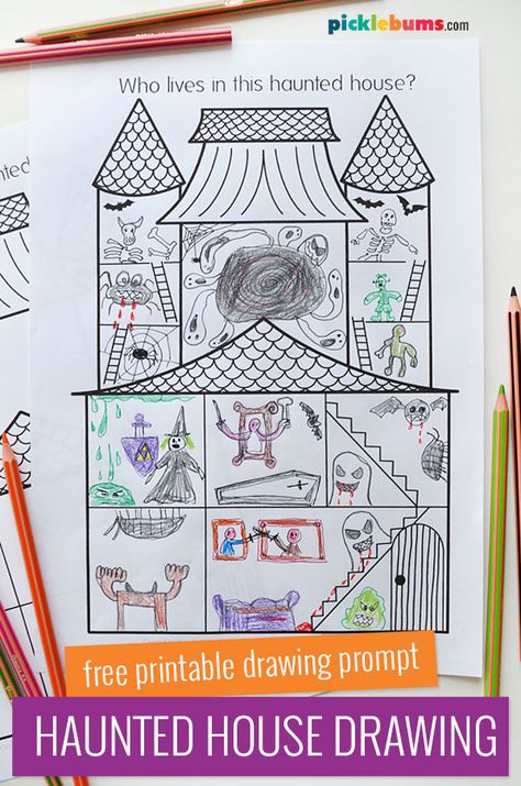 Haunted House Drawing Prompt Printable - Picklebums Haunted House Writing Prompt, Haunted House Writing Activities, Halloween How To Draw, Haunted House Art For Kids, Halloween Activities For Classroom, Halloween Therapy Activities For Kids, Haunted House Activities, Halloween Drawing Prompts, Halloween Classroom Ideas