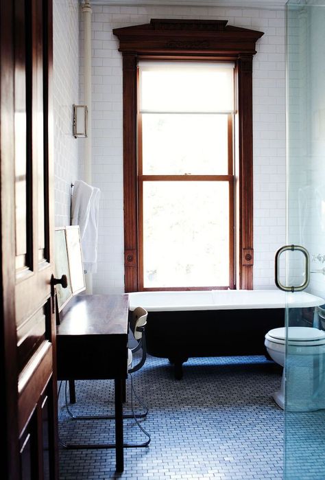 It’s My Dream Home Except For One Problem– The Wood Trim Bathroom With Wood Trim, Bathroom Wood Trim, Wood Trim Bathroom, Stained Windows, Stained Wood Trim, Dark Wood Trim, Dark Wood Bathroom, Wood Floor Bathroom, Blue Floor