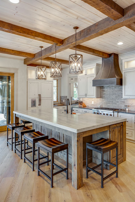 Kitchen Ceiling With Wood Beams, Beams In The Kitchen, Barndominium Exposed Beams, Open Plan Kitchen Dining Living Rectangle, Timber Farmhouse Kitchen, Kitchen Ceiling Beams Ideas, Open Beam Ceiling Kitchen, Timber Frame Kitchens, Kitchen Ceiling Beams Rustic