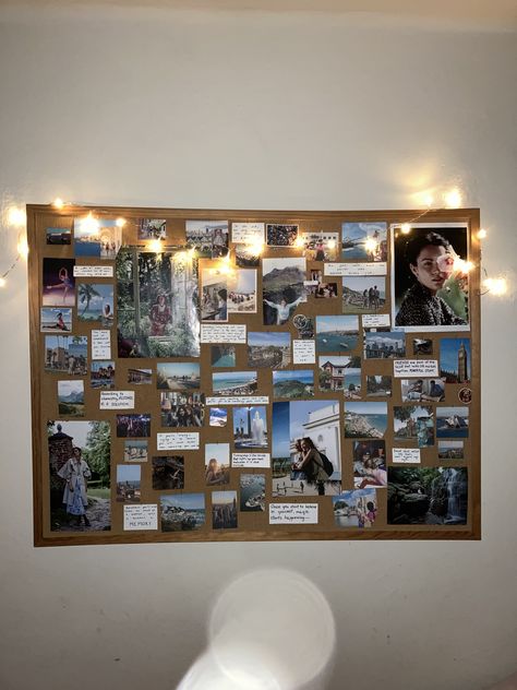 Travel Cork Board Ideas, Photo Collage Wall Cork Board, Corkboard Vision Board, Picture Pin Board, Life Vision Board Examples, Bulletin Boards Bedroom, Vision Board Cork Board, Dorm Cork Board Ideas, Picture Cork Board Ideas