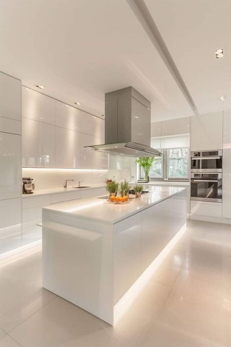 Contemporary Kitchen Design Luxury, White Modern Kitchen Ideas, Minimal Kitchen Design, Modern Minimalist Kitchen, Modern Contemporary Kitchen, Open Plan Kitchen Living Room, Modern Kitchen Design Small, Smart Home Design, Ideas For Decorating