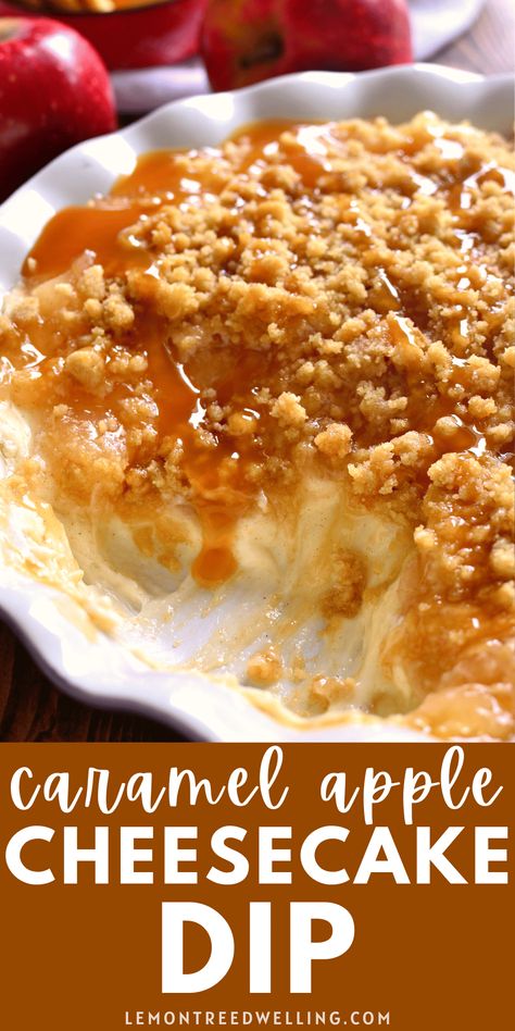 This Baked Caramel Apple Cheesecake Dip is ooey, gooey, and perfect for fall! Enjoy it with graham crackers, vanilla wafers, or any of your favorite dippers. Sure to be a new family favorite! Baked Apple Pie Dip, Cheesecake Caramel Dip, Caramel Cheesecake Apple Dip, Baked Caramel Apple Cheesecake Dip, Caramel Apple Cheesecake Dip Recipe, Fall Dips And Spreads, Easy Fall Dessert Dips, Fall Party Dessert Ideas, Apple Pie Cheesecake Dip