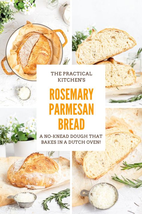 With a tender, soft crumb and crackling golden brown crust, this rosemary parmesan no-knead bread smells amazing and tastes even better. A great way to use up excess rosemary, it's a breeze to make and perfect with butter or for soaking up your favorite chicken soup! Rosemary Parmesan Bread, Bread In A Dutch Oven, The Practical Kitchen, Soup Bread, Bread Quick, Parmesan Bread, Bread Scoring, Rosemary Bread, Sourdough Bread Starter