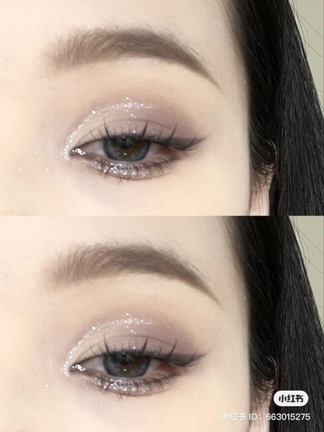 Cool Easy Eyeshadow Looks, Dark Makeup For Big Eyes, I’d Makeup, Basic Glitter Eye Makeup, Erica Titus Makeup, Eye Shadow Inspirations, Unleashia Glitterpedia Tutorial, Hime Bangs Curly Hair, Prom Makeup Douyin